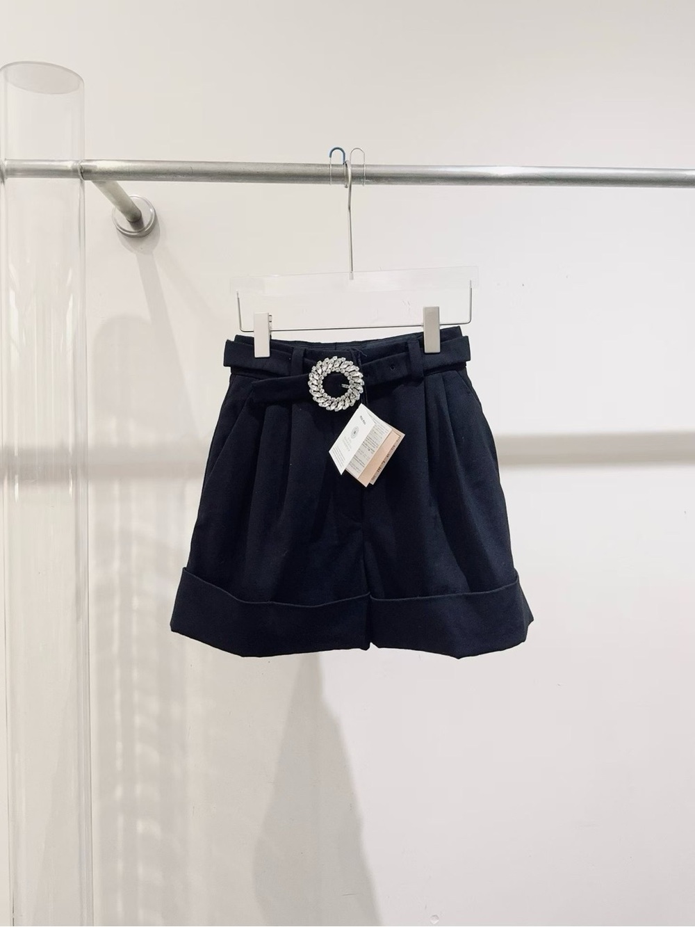 Miu Miu Black High-Waist Tailored Shorts with Rhinestone Buckle